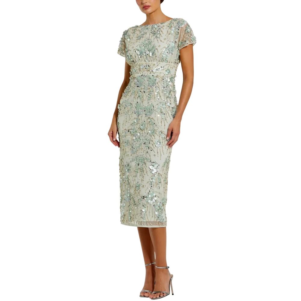 Mac Duggal 94150 Green Cocktail Dress Beaded Short Sleeve Midi Sheath Size 8